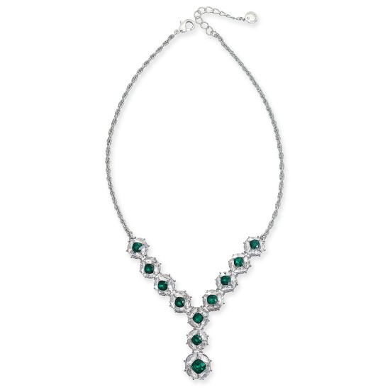  Crystal & Stone Cluster Lariat Necklace, 17″ + 3″ Extender, Silver/Green