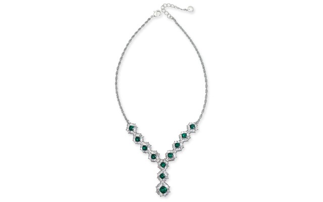  Crystal & Stone Cluster Lariat Necklace, 17″ + 3″ Extender, Silver/Green