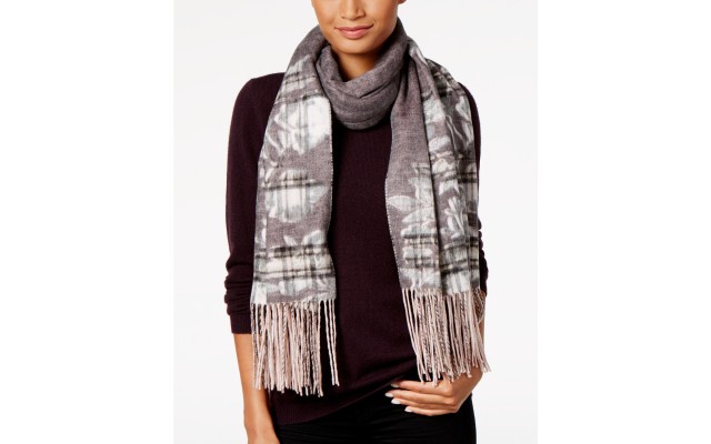  Floral-Over-Plaid Blanket Wrap & Scarf in One (Beige, One Size)