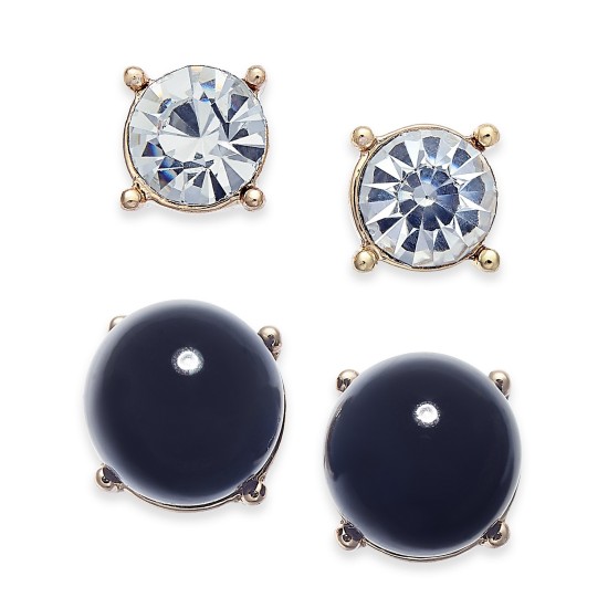  Gold-Tone 2-Pc. Set Crystal & Jet Imitation Pearl Stud Earrings (Black)