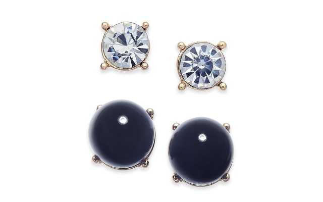  Gold-Tone 2-Pc. Set Crystal & Jet Imitation Pearl Stud Earrings (Black)