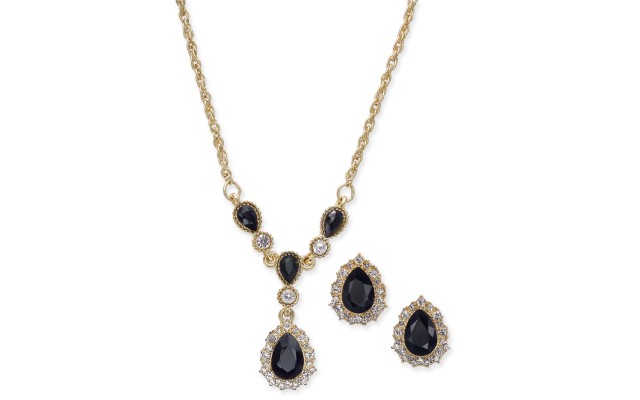  Gold-Tone Crystal and Stone Lariat Necklace & Stud Earrings Set