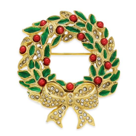  Gold-Tone Crystal, Bead & Epoxy Wreath Pin