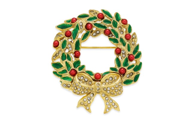  Gold-Tone Crystal, Bead & Epoxy Wreath Pin