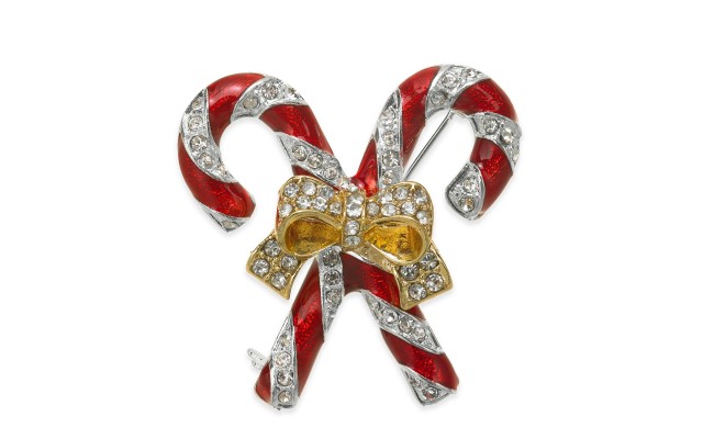  Gold-Tone Crystal & Epoxy Candy Cane Pin, Red