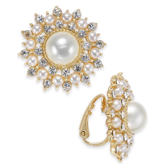  Gold-Tone Crystal & Imitation Pearl Burst Clip-On Stud Earrings