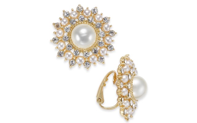  Gold-Tone Crystal & Imitation Pearl Burst Clip-On Stud Earrings