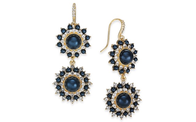  Gold-Tone Crystal & Imitation Pearl Burst Double Drop Earrings, Navy