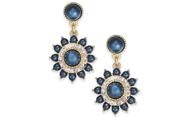  Gold-Tone Crystal & Imitation Pearl Burst Stud Drop Earring, Navy