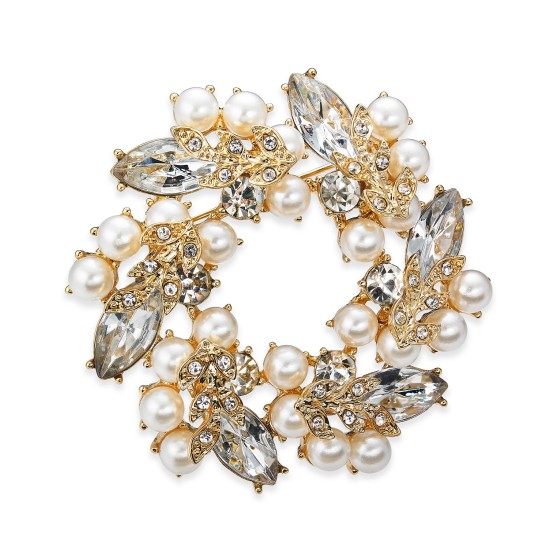  Gold-Tone Crystal & Imitation Pearl Wreath Pin