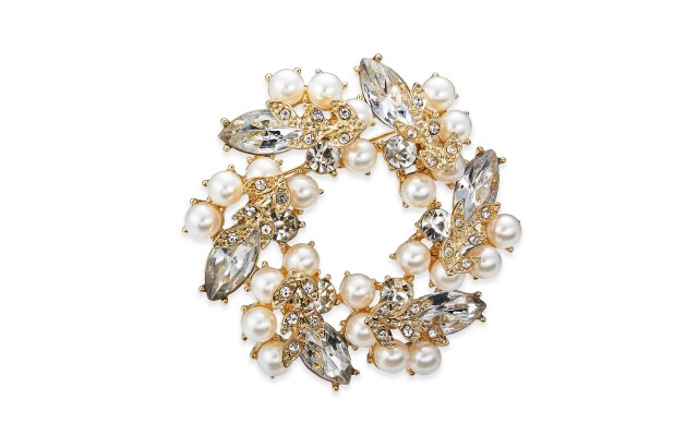  Gold-Tone Crystal & Imitation Pearl Wreath Pin