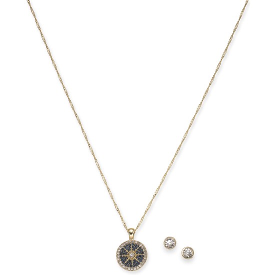  Gold-Tone Crystal Nautical Pendant Necklace & Stud Earrings Set (17+2)