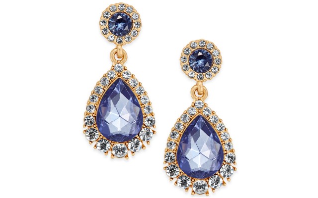  Gold-Tone Crystal & Purple Stone Drop Earrings