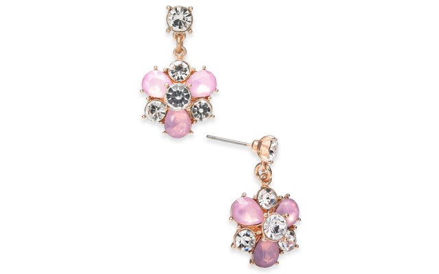  Gold-Tone Crystal & Stone Cluster Drop Earring, Pink