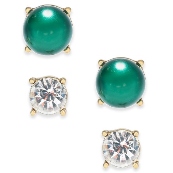  Gold-Tone Green Imitation Pearl 2-Pc. Set Stud Earrings