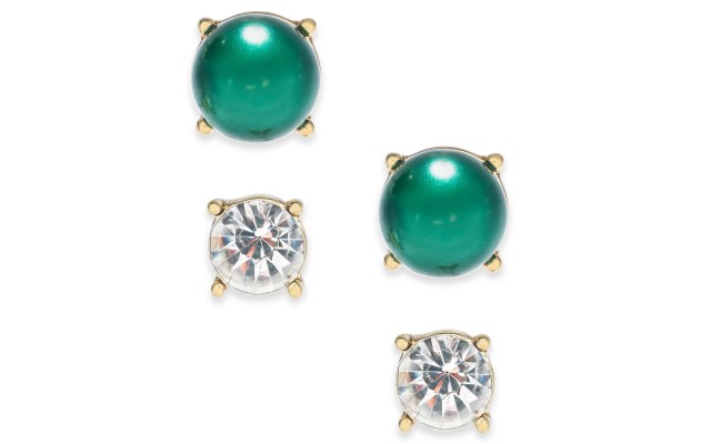  Gold-Tone Green Imitation Pearl 2-Pc. Set Stud Earrings