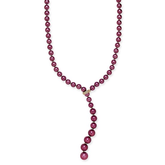  Gold-Tone Imitation Pearl Lariat Necklace, 36″ + 2″ Extender, Red