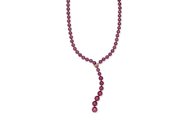  Gold-Tone Imitation Pearl Lariat Necklace, 36″ + 2″ Extender, Red