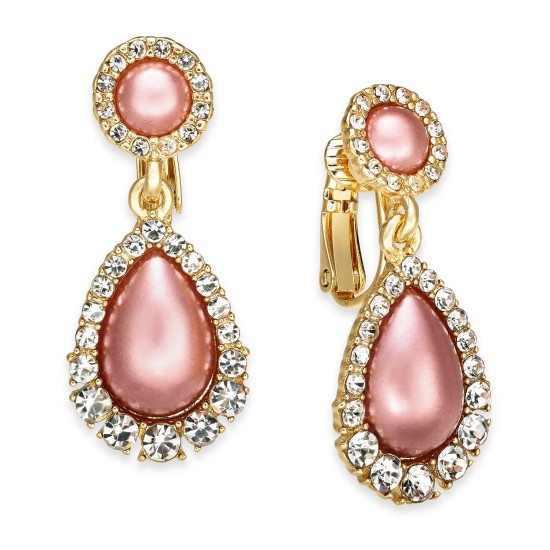  Gold-Tone Pave & Imitation Pearl Clip-On Drop Earrings, Created for