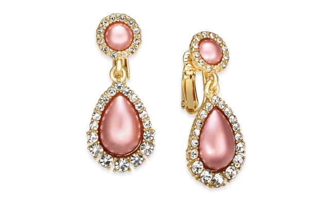  Gold-Tone Pave & Imitation Pearl Clip-On Drop Earrings, Created for