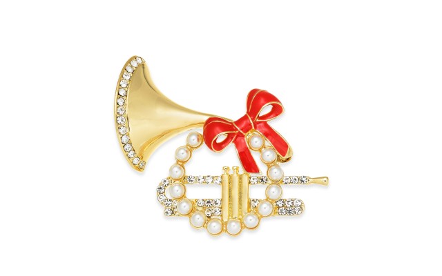  Gold-Tone Pave & Imitation Pearl French Horn Box Pin