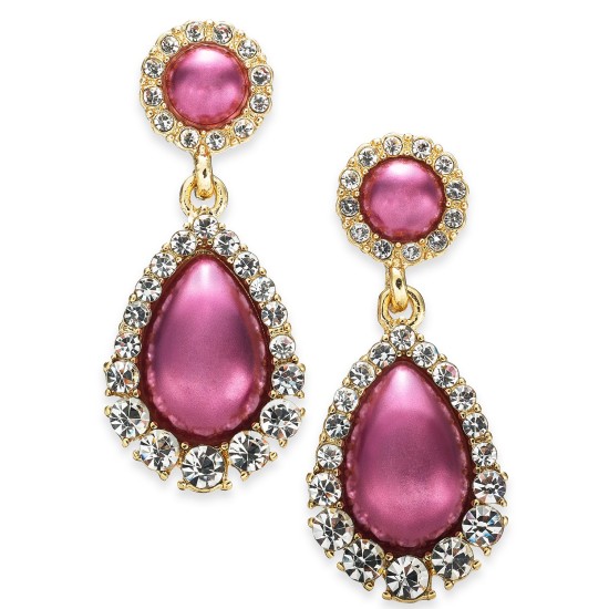  Gold-Tone Pave & Stone Drop Earrings, Burgundy