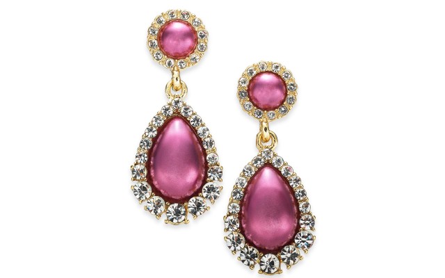  Gold-Tone Pave & Stone Drop Earrings, Burgundy