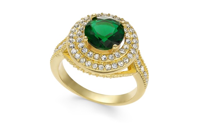  Green Stone & Crystal Halo Rings, Gold, 11