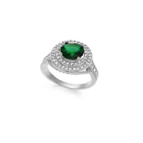  Green Stone & Crystal Halo Rings, Silver