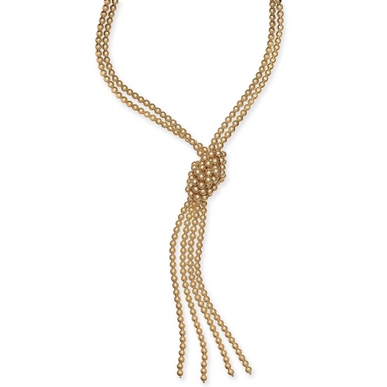  Imitation Pearl Knotted Lariat Necklace, 28″ + 2″ Extender, Gold