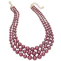 Charter Club Imitation Pearl Three-Row Collar Necklace, Gold/Burgundy