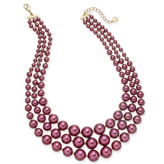  Imitation Pearl Three-Row Collar Necklace, Gold/Burgundy