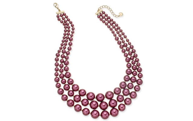 Imitation Pearl Three-Row Collar Necklace, Gold/Burgundy
