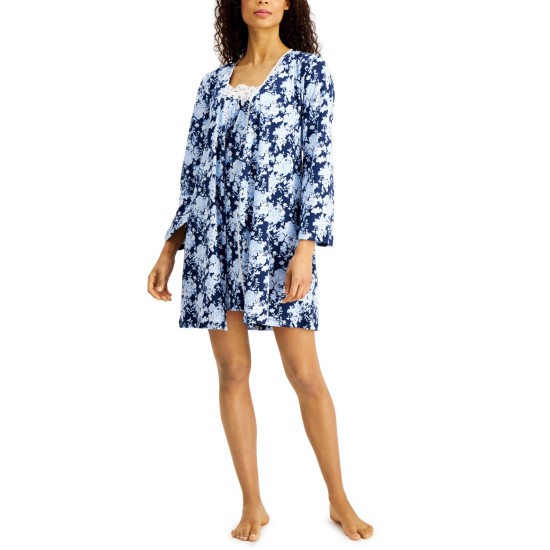  Lace-Trim Nightgown & Robe Set, Navy, Large