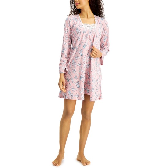  Lace-Trim Nightgown & Robe Set, Pink, X-Large