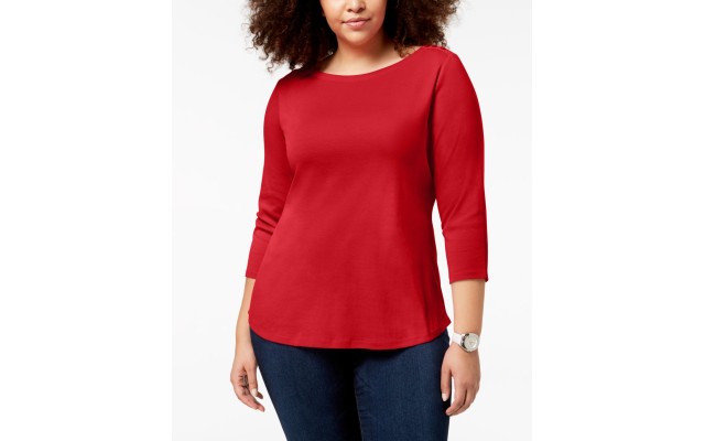  Pima Cotton Boat Neck Button Detail 3/4  Sleeve Pullover Casual Top(Red), Red, 0X