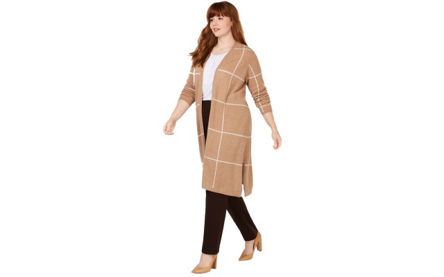  Plus Size Cashmere Windowpane Sweater Coat 2X – Dark Beige