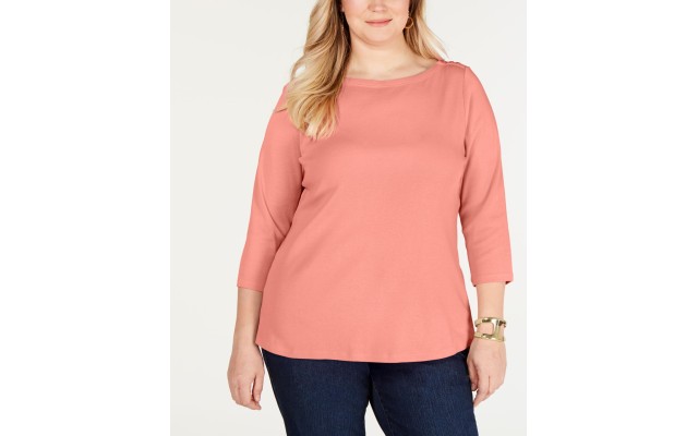  Plus Size Cotton Boat-Neck Top (Orange, 1X)