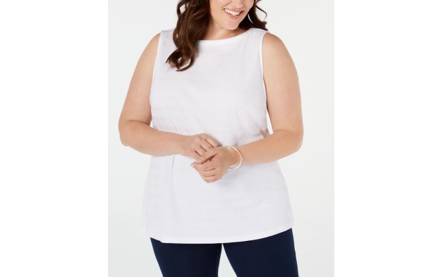  Plus Size Cotton Textured-Stripe Boat-Neck  Tank Top (White , Size:1X)