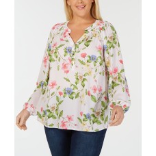 Charter Club Plus Size Long-Sleeve Smocked Printed Blouse