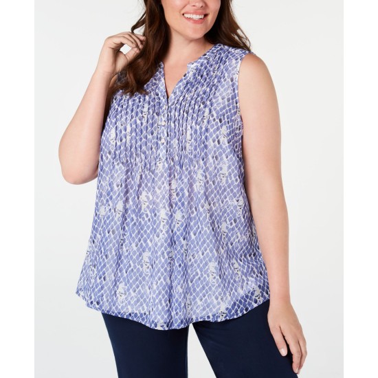  Plus Size Printed Pleated Top 1X – Blue