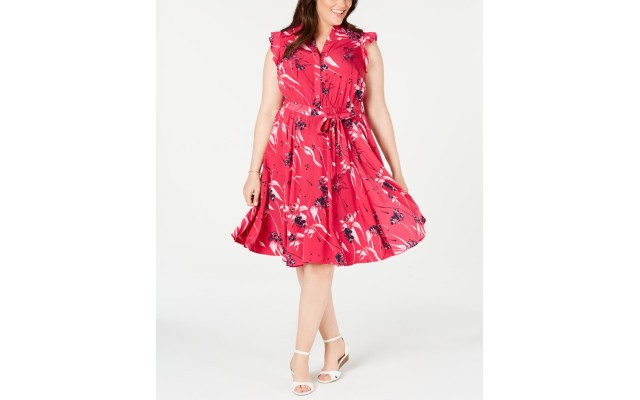  Plus Size Printed Ruffle-Sleeve Shirtdress, Dark Pink, 18W