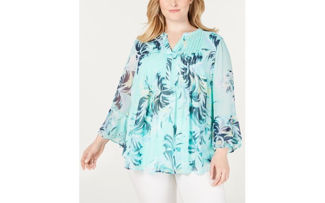  Plus Size Printed Tiered-Ruffle Top, Blue, 2X