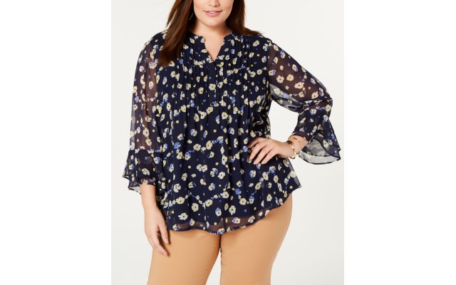  Plus Size Printed Tiered-Ruffle Top, Darkyellow, 1X
