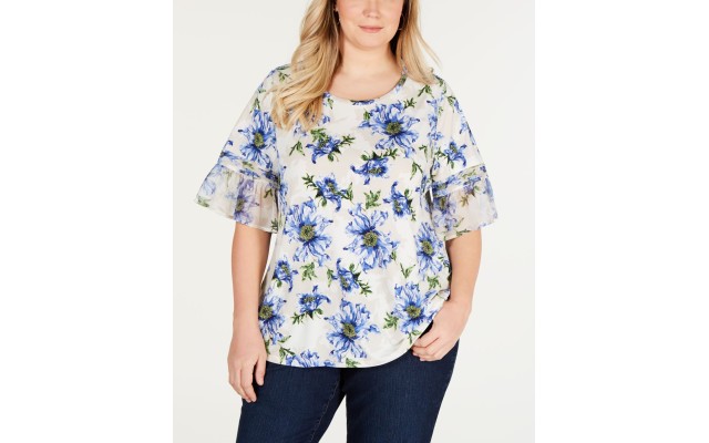  Plus Size Ruffle-Sleeve Floral-Print Top Multi Color Size 1X