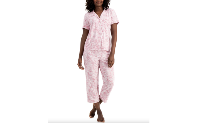  Printed Capri Pants Pajama Set, Pink, X-Small