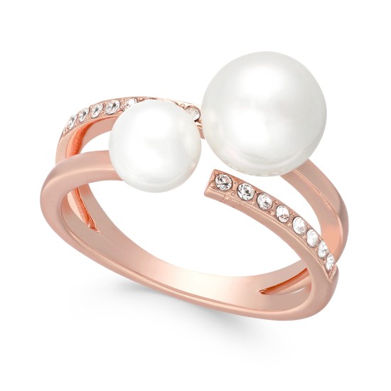  Rose Gold-Tone Pavé & Imitation Pearl Double-Row Rings, Rose White, 5