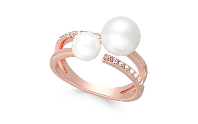  Rose Gold-Tone Pavé & Imitation Pearl Double-Row Rings, Rose White, 5