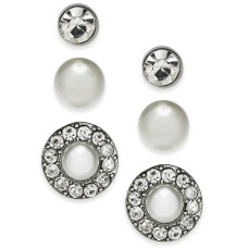 Charter Club Silver-Tone 3-Pc. Set Crystal & Imitation Pearl Stud Earrings