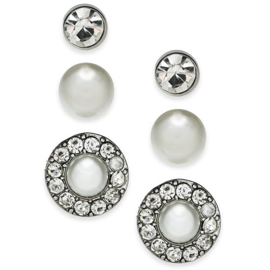  Silver-Tone 3-Pc. Set Crystal & Imitation Pearl Stud Earrings